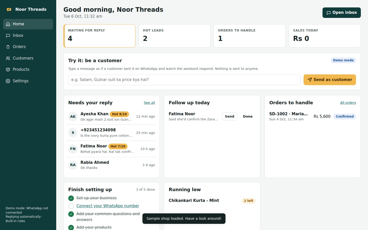 Sales Desk home: chats waiting for a reply, hot leads, orders to handle and today's sales